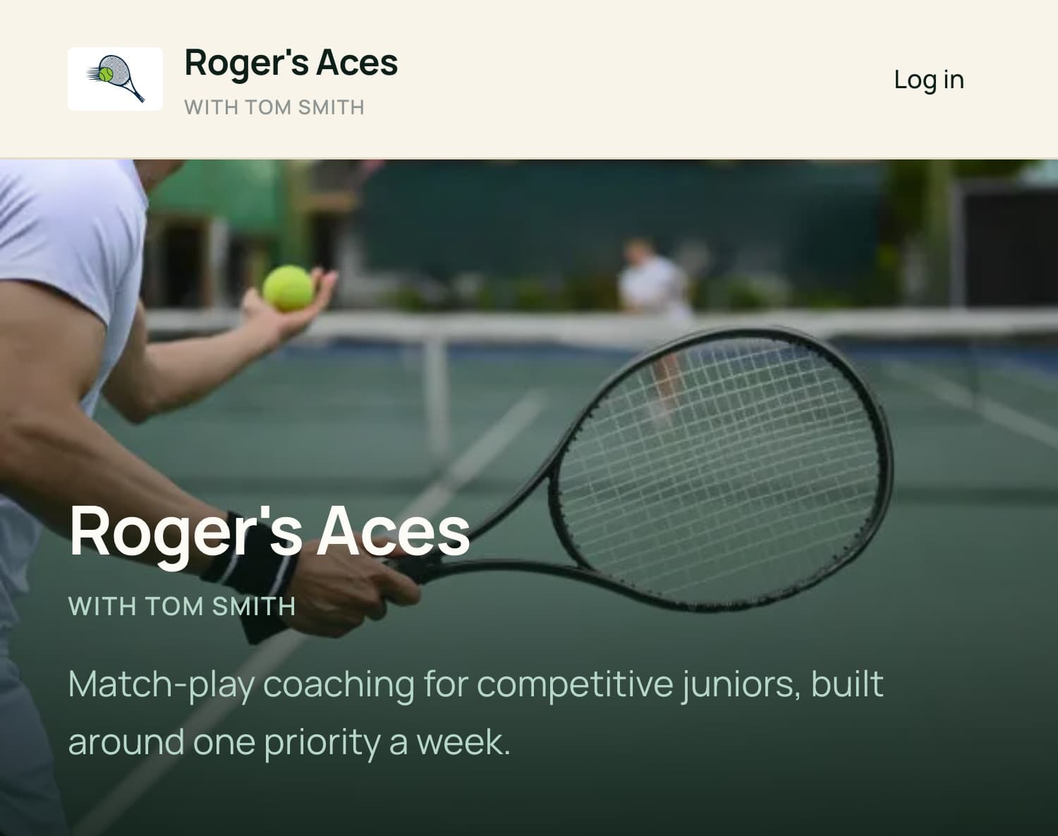 An academy page: the coach's logo and name in the header, a cover photograph of a player serving, and the academy's one-line description.